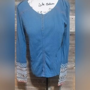 Sundance Blue Long Sleeve Henley with Patterned Cuffs